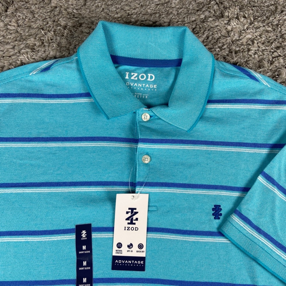 IZOD Advantage Performance Polo Mens M Peacock Blue Striped Short Sleeve Shirt